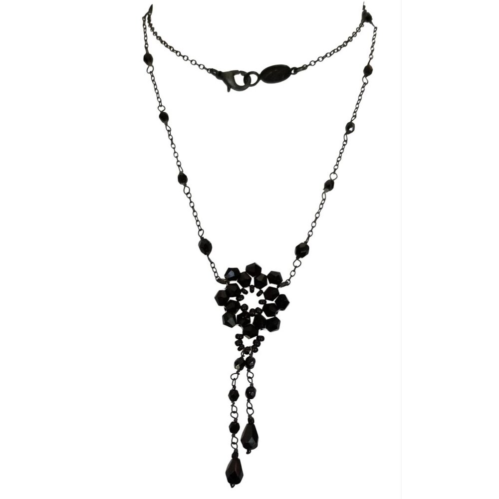 Liz Claiborne Gothic Black Crystal Beads Dangle Pendant Chain Necklace 16" M992